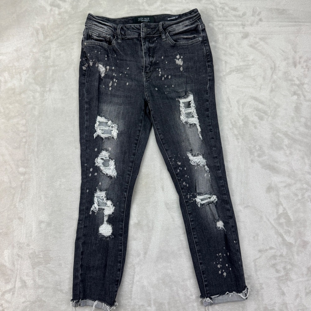 Judy Blue‎ Boyfriend Ankle Jeans Womens 3/26 (26x25) Black Distressed Mid Rise